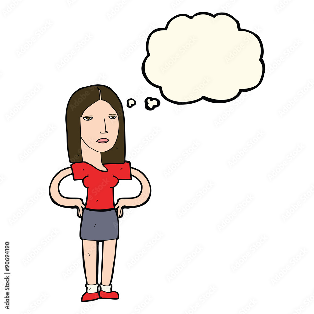 cartoon woman with hands on hips with thought bubble cartoon woman with hands on hips with thought bubble