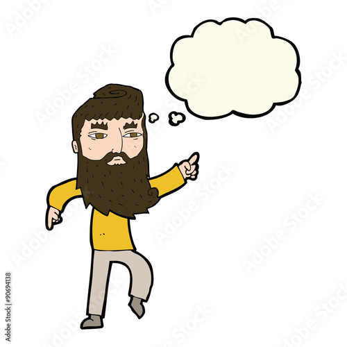 cartoon bearded man pointing the way with thought bubble