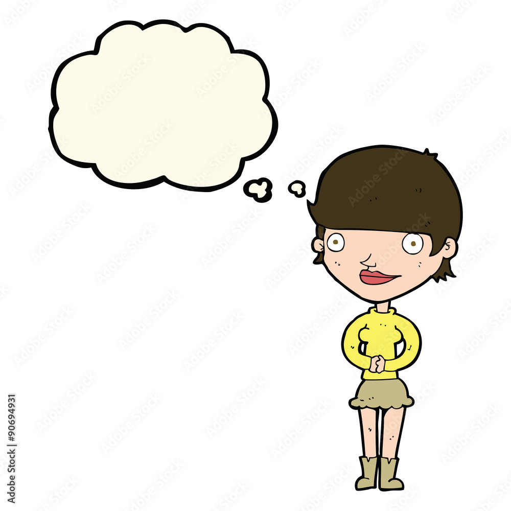 cartoon friendly woman with thought bubble