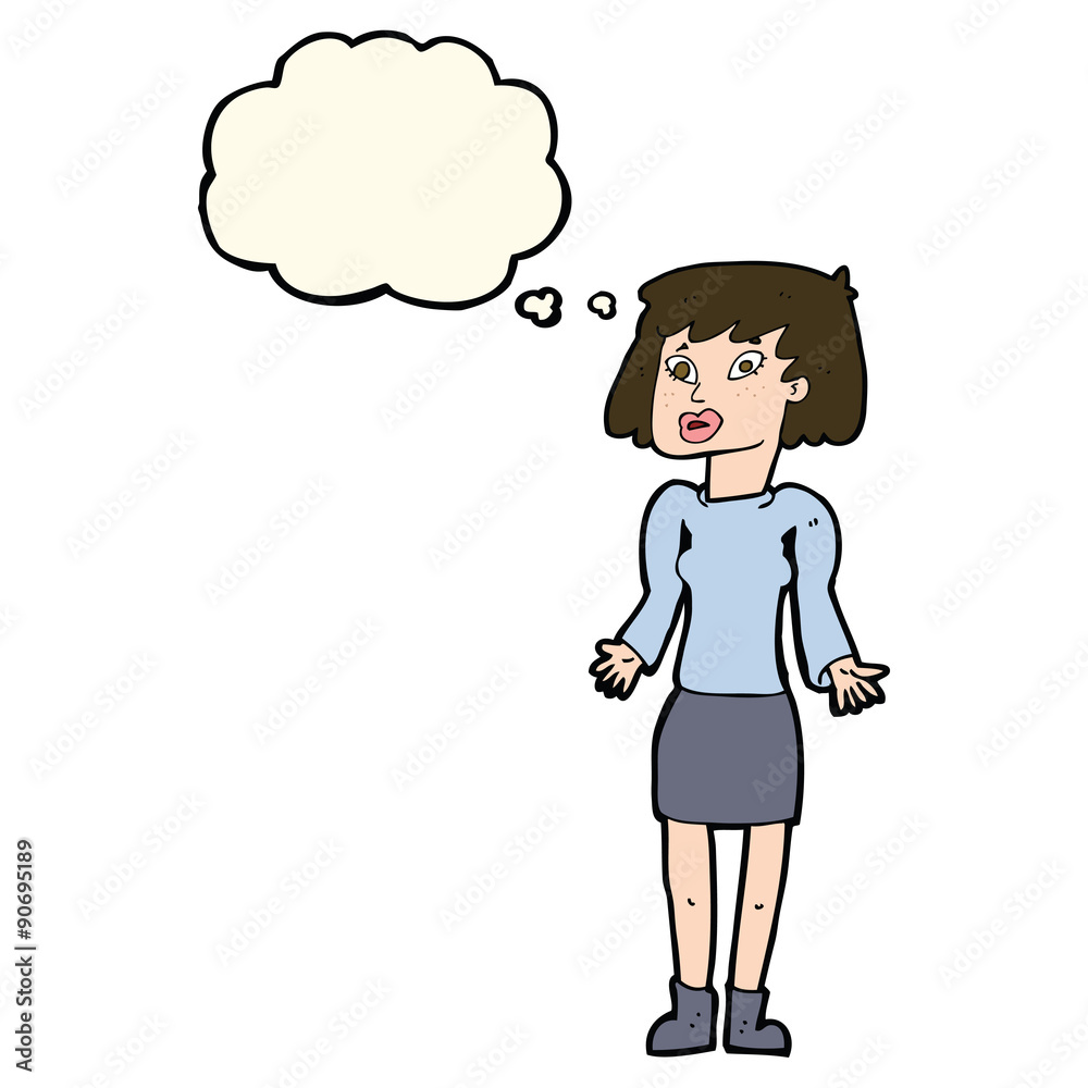 cartoon woman shrugging shoulders with thought bubble cartoon woman shrugging shoulders with thought bubble