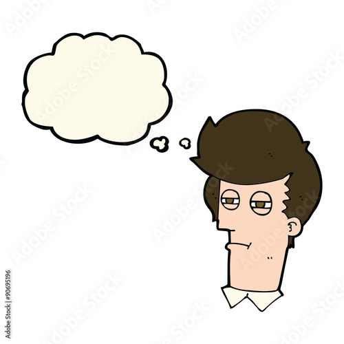 cartoon man with narrowed eyes with thought bubble