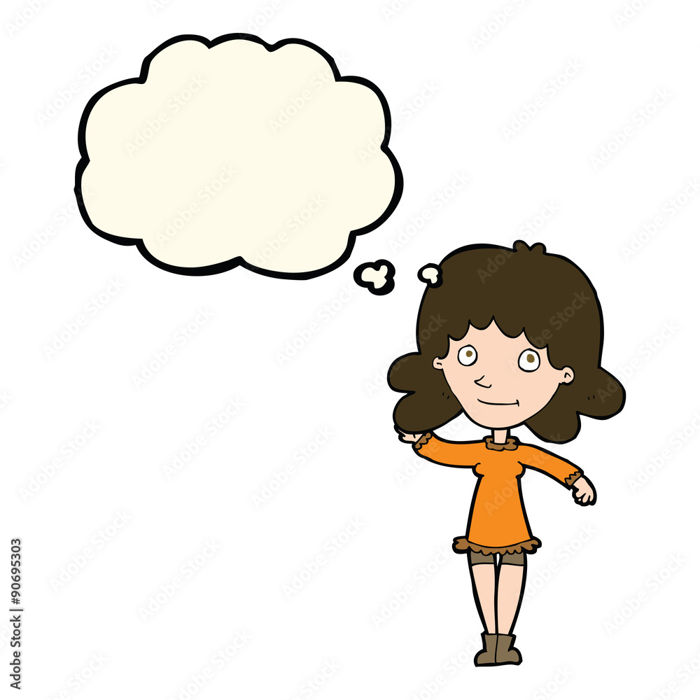cartoon friendly woman waving with thought bubble cartoon friendly woman waving with thought bubble