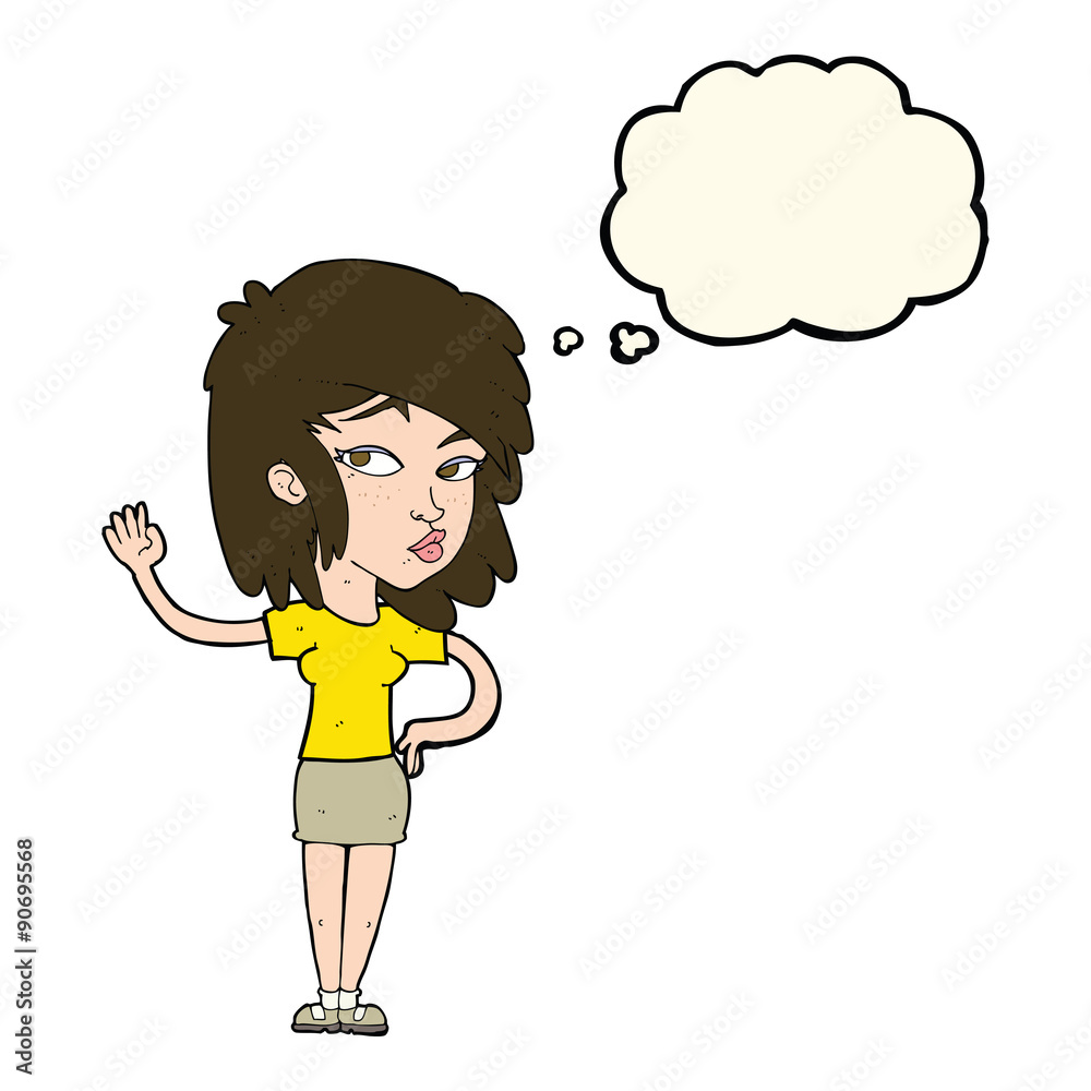 cartoon pretty woman waving with thought bubble cartoon pretty woman waving with thought bubble
