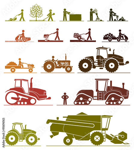 Set of different types of gardening and agricultural vehicles and machines. Mower, trimmer, saw, cultivator, tractors, harvesters, combines and excavators. Icon set of working machines. photo