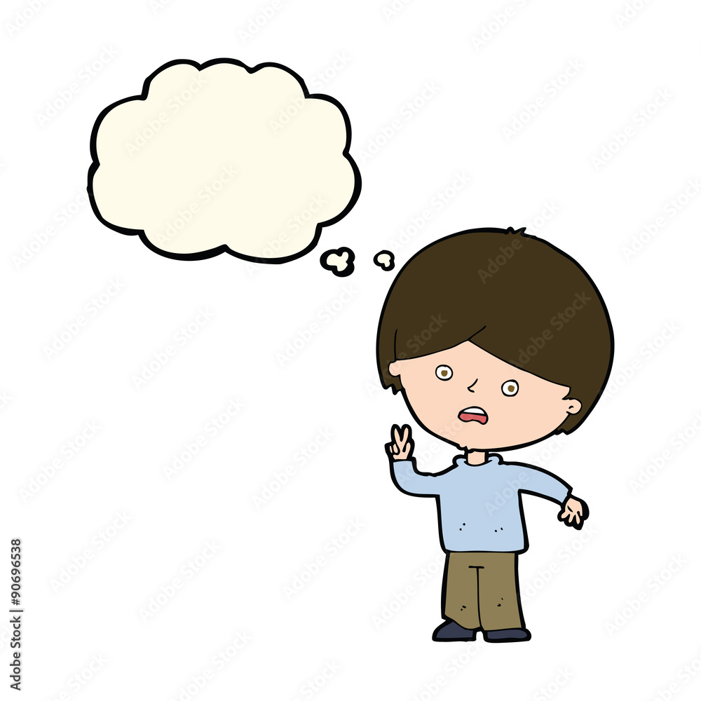 cartoon unhappy boy giving peace sign with thought bubble cartoon unhappy boy giving peace sign with thought bubble