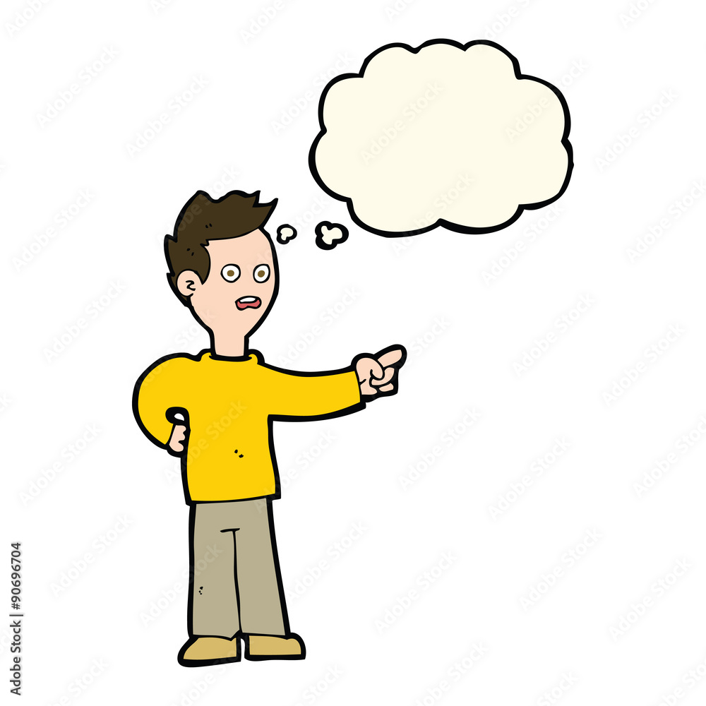 cartoon shocked boy pointing with thought bubble cartoon shocked boy pointing with thought bubble