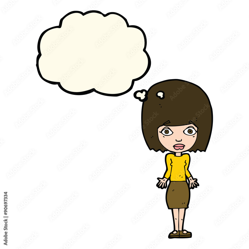 cartoon woman shrugging shoulders with thought bubble cartoon woman shrugging shoulders with thought bubble