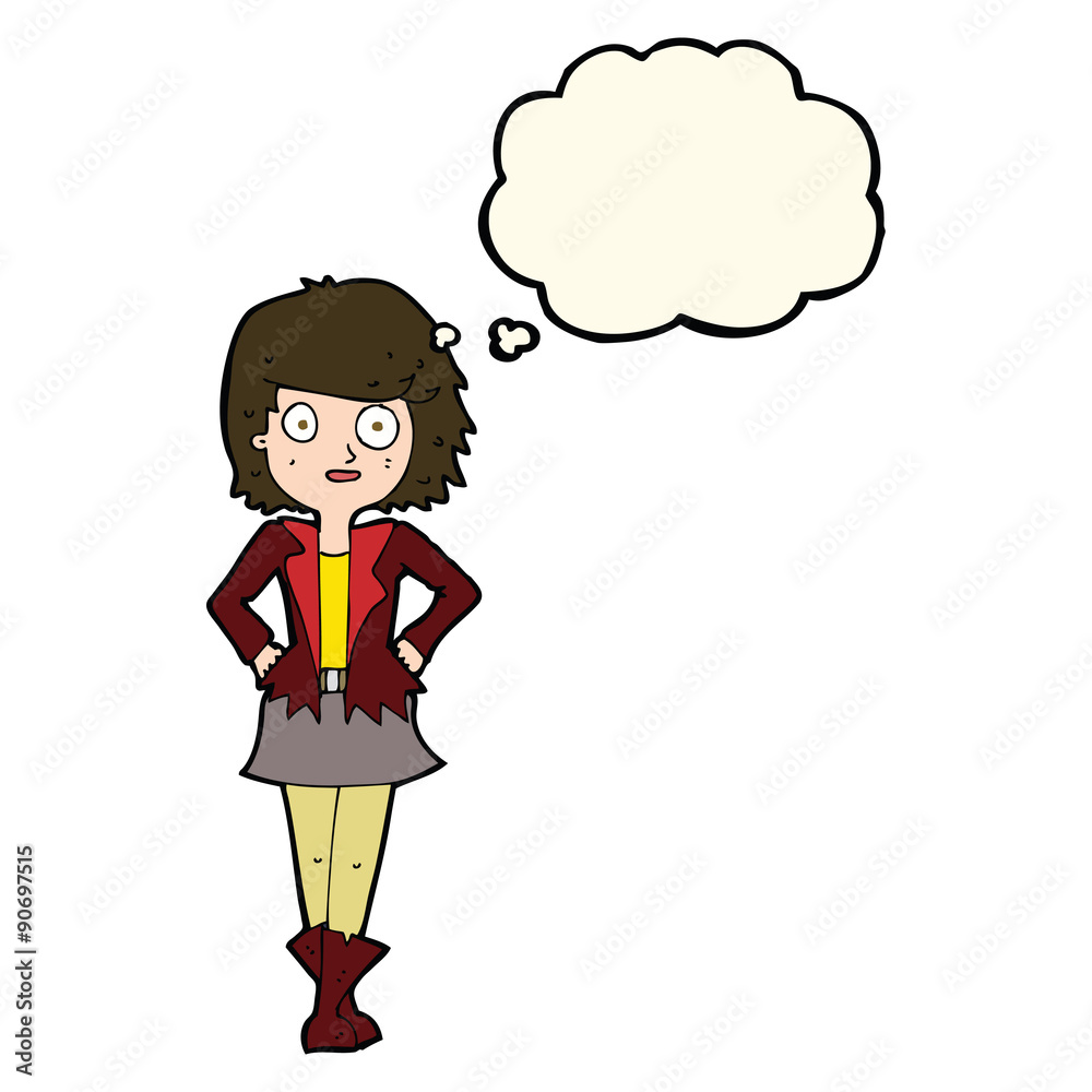 cartoon girl in jacket with thought bubble cartoon girl in jacket with thought bubble