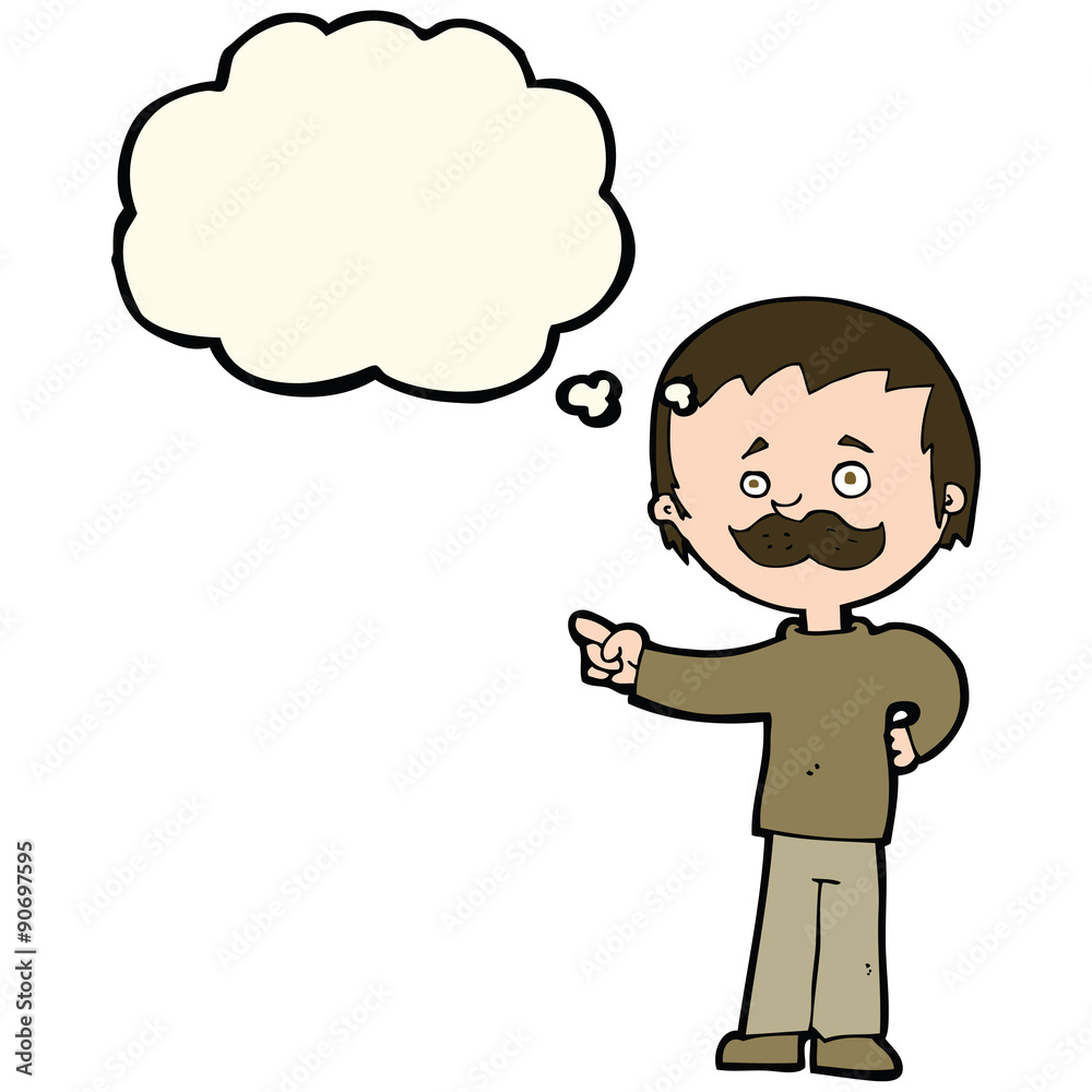 cartoon man with mustache pointing with thought bubble