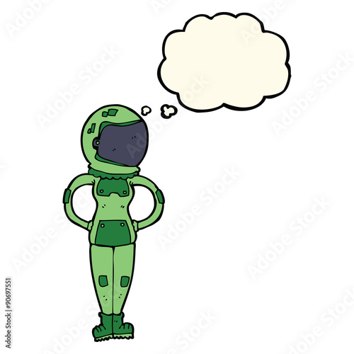 cartoon female astronaut with thought bubble