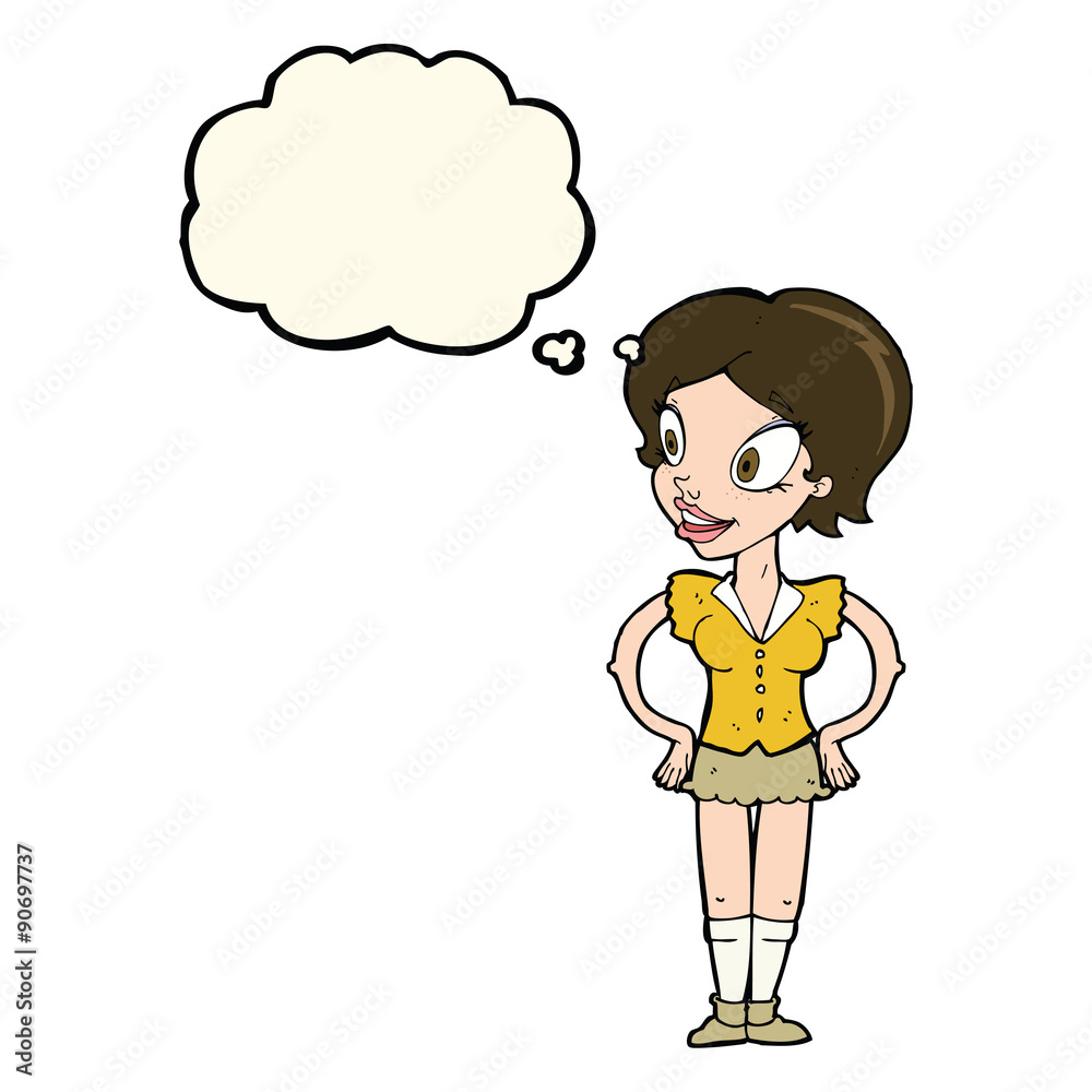 cartoon happy woman in short skirt with thought bubble cartoon happy woman in short skirt with thought bubble