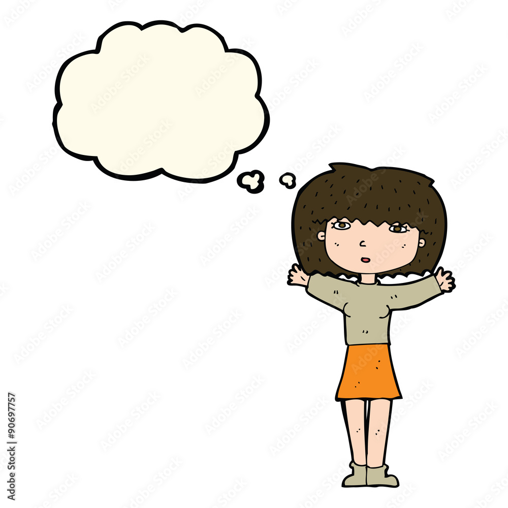 cartoon woman raising arms in air with thought bubble