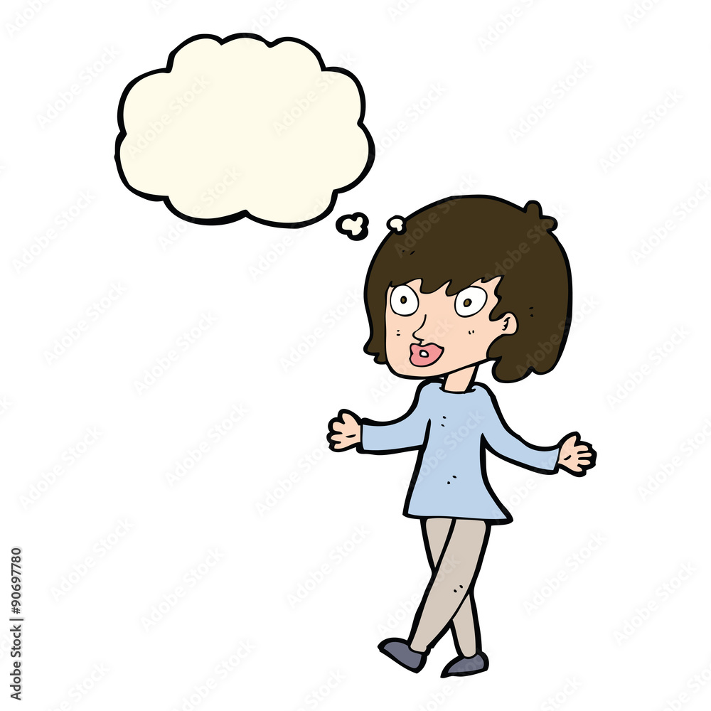 cartoon woman with open arms with thought bubble cartoon woman with open arms with thought bubble