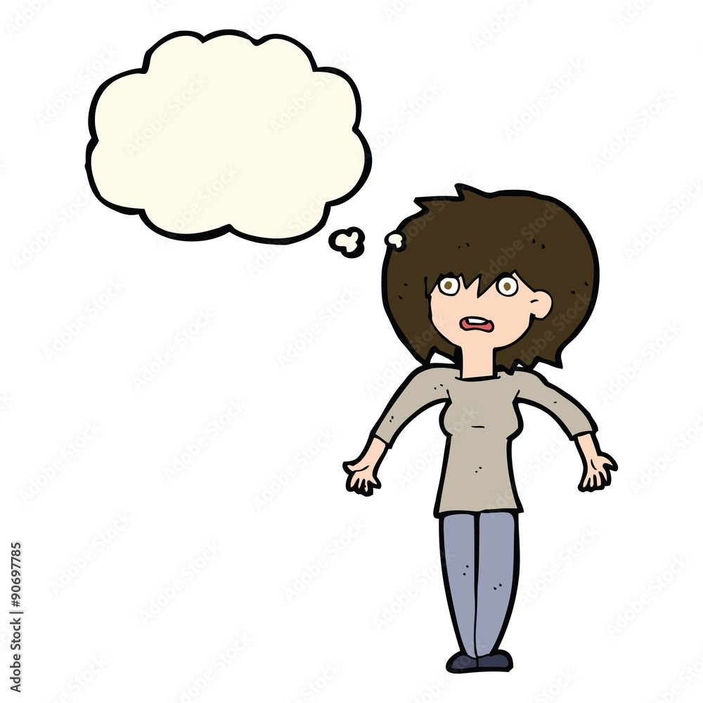 cartoon woman shrugging shoulders with thought bubble cartoon woman shrugging shoulders with thought bubble