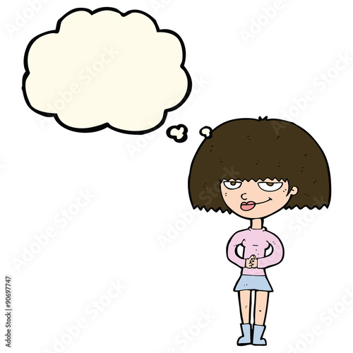 cartoon sly woman with thought bubble