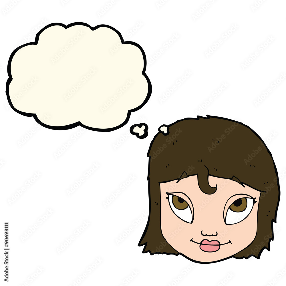 cartoon woman smiling with thought bubble cartoon woman smiling with thought bubble