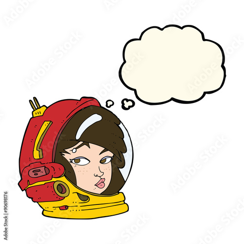 cartoon female astronaut with thought bubble