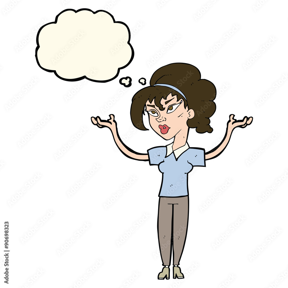 cartoon woman raising hands in air with thought bubble