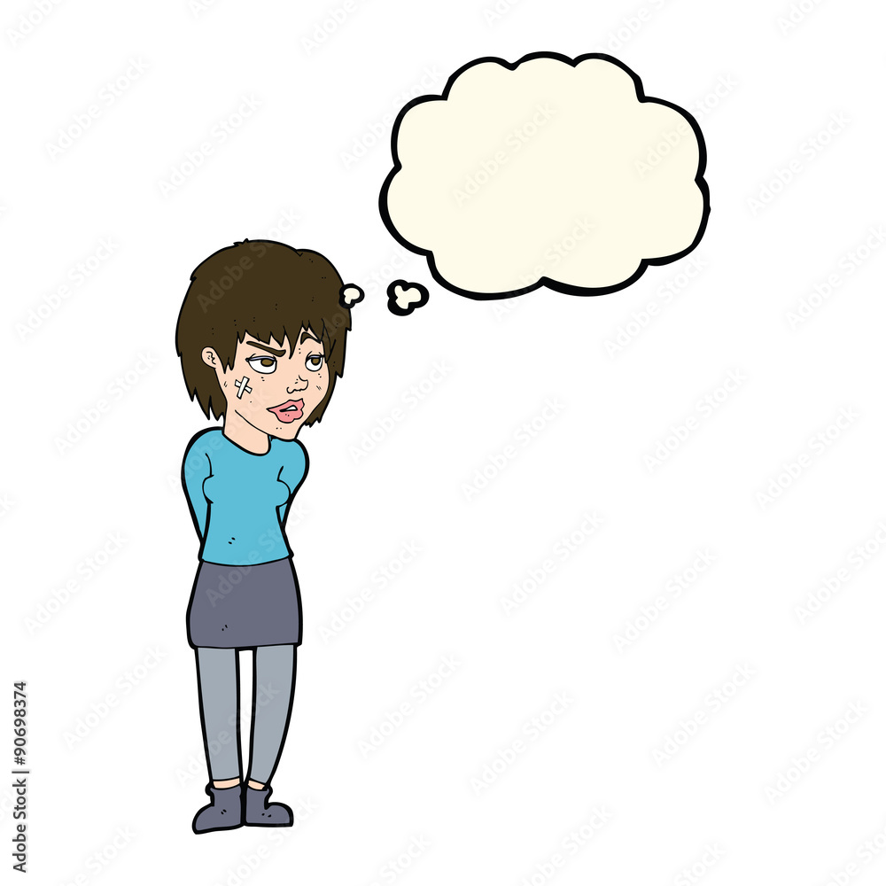 cartoon woman with plaster on face with thought bubble cartoon woman with plaster on face with thought bubble