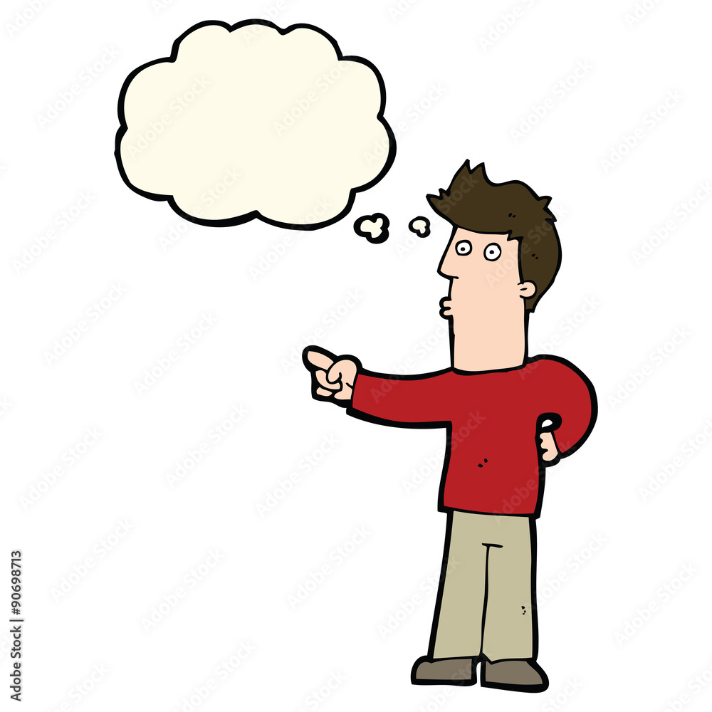 cartoon curious man pointing with thought bubble cartoon curious man pointing with thought bubble