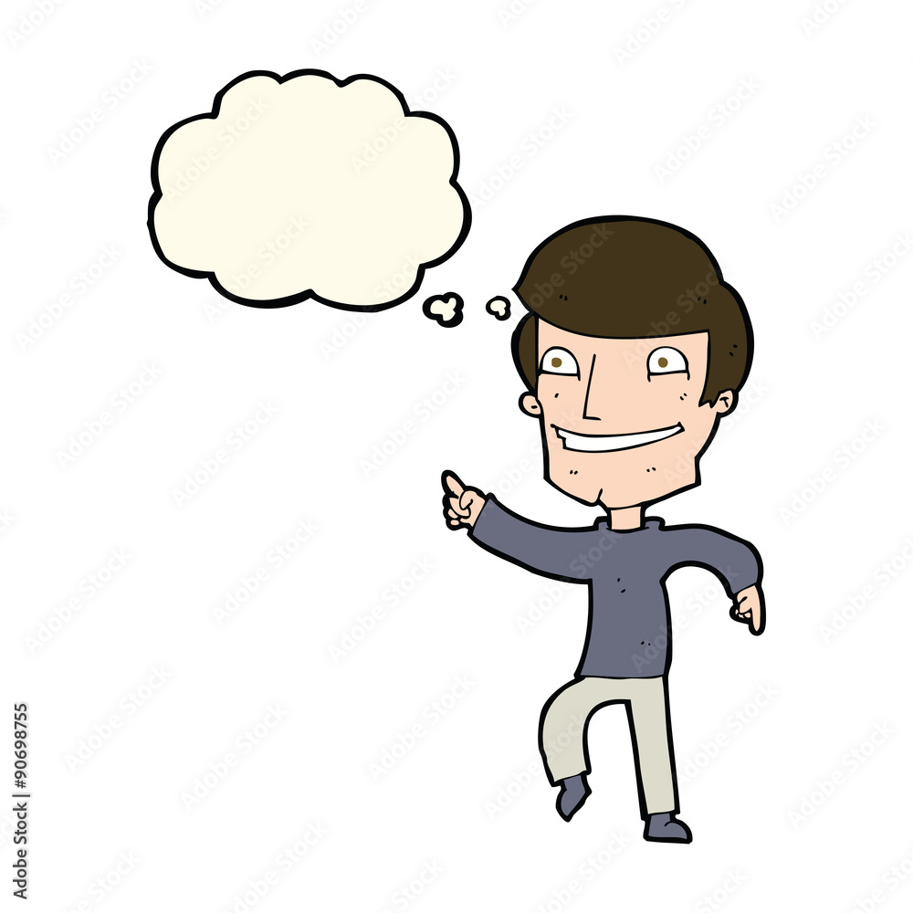 cartoon happy man pointing with thought bubble cartoon happy man pointing with thought bubble