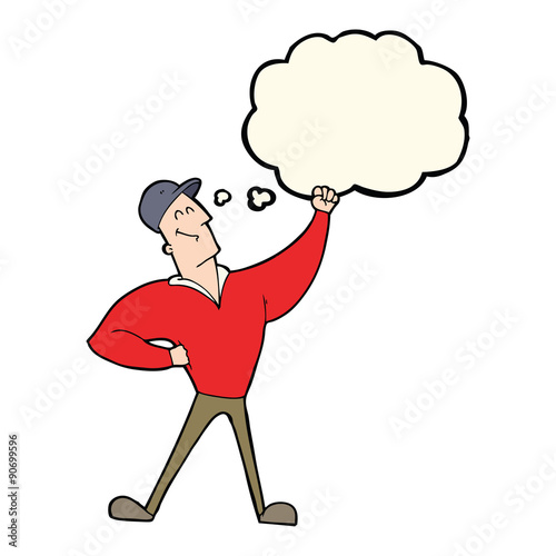 cartoon man striking heroic pose with thought bubble