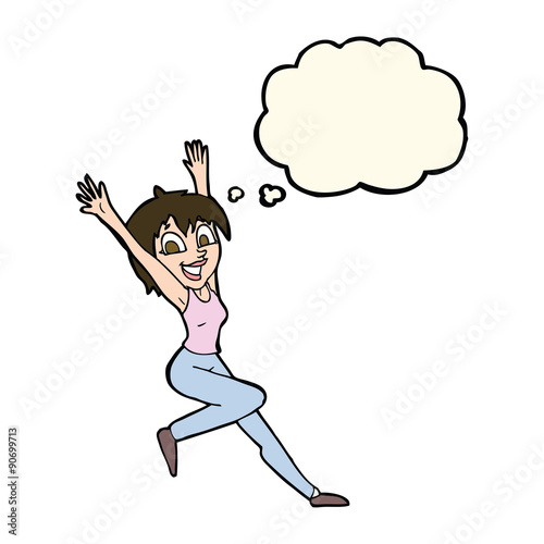 cartoon excited woman with thought bubble