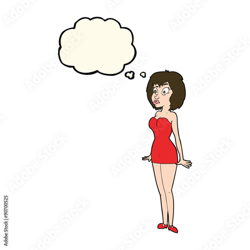 cartoon surprised woman in short dress with thought bubble