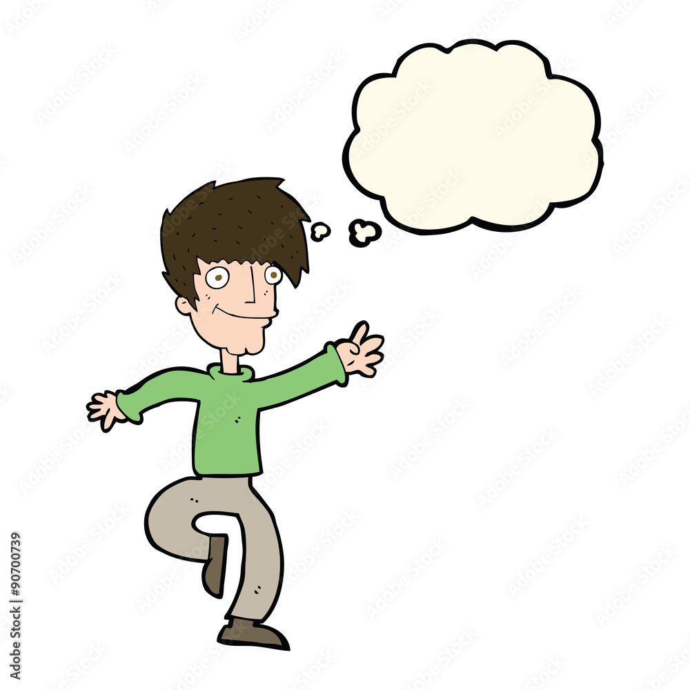 cartoon happy man dancing with thought bubble cartoon happy man dancing with thought bubble
