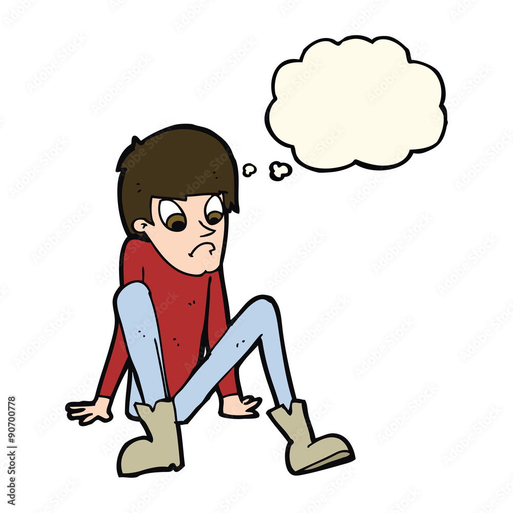 Fototapeta premium cartoon boy sitting on floor with thought bubble