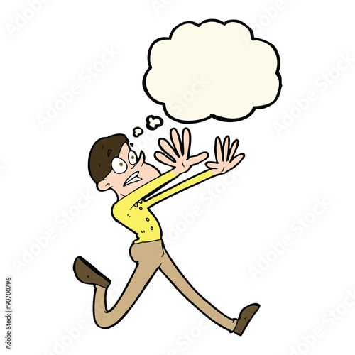 cartoon man running away with thought bubble