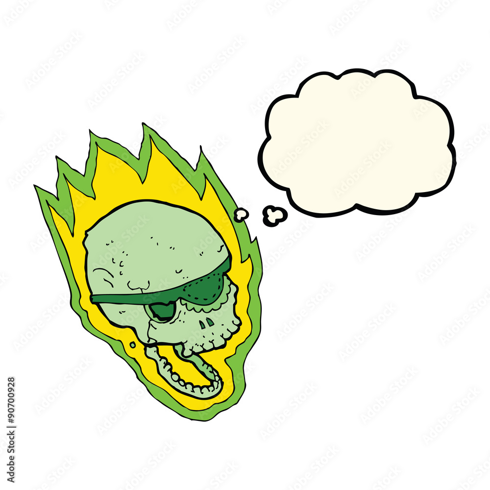 cartoon flaming pirate skull with thought bubble
