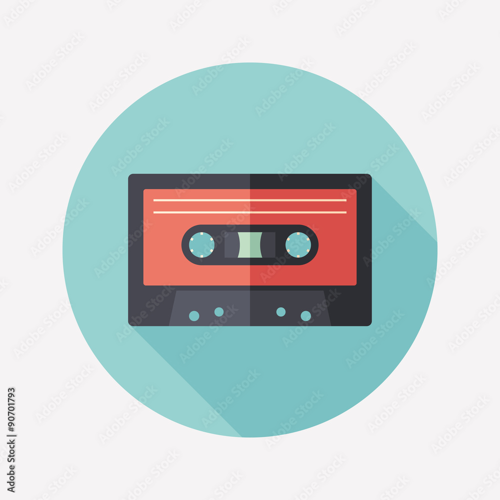 Audio cassette flat round icon with long shadows.
