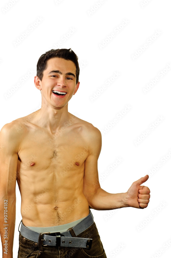 A thin guy with nude body showing his thumb up A thin guy with nude body showing his thumb up