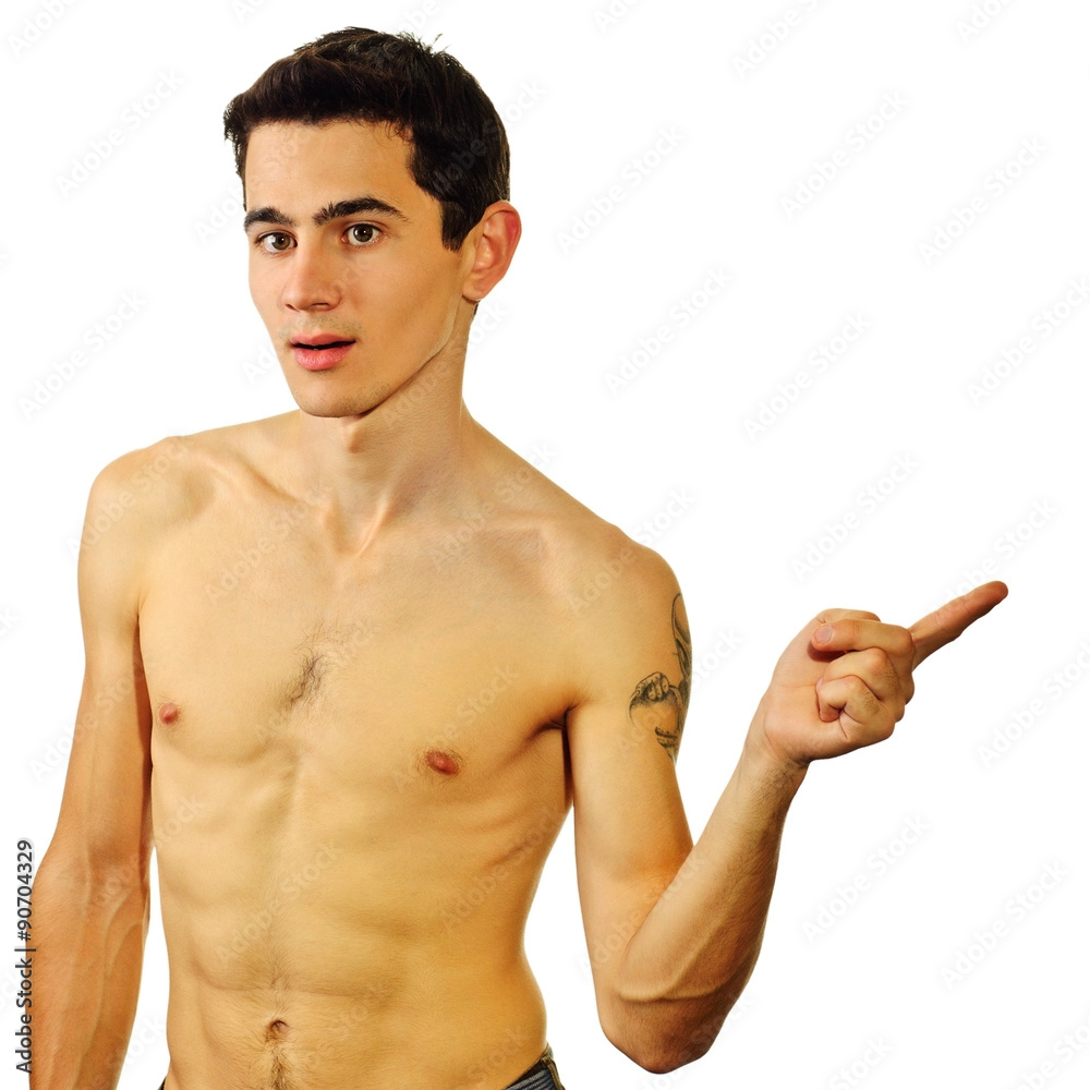 A man with naked body points aside A man with naked body points aside