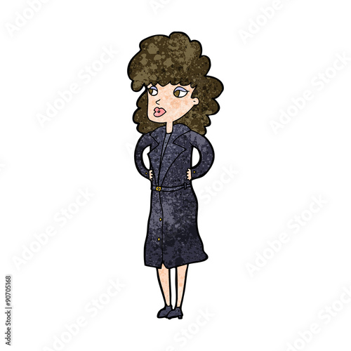 cartoon woman in trench coat