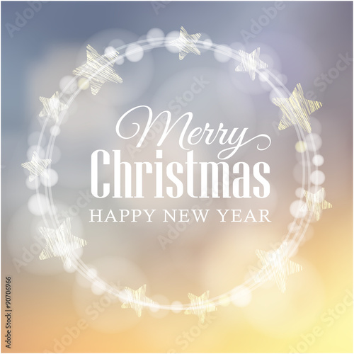 Christmas greeting card with glittering bokeh lights wreath, stars, vector