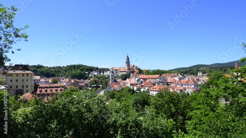 View of the historic town and Vltava river, with St. Jodokus tower and tower of Cesky Krumlov castle, Cesky Krumau, UNESCO World Heritage Site, Bohemia, Czech Republic, Europe photo