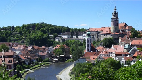 View of the historic town and Vltava river, with St. Jodokus tower and tower of Cesky Krumlov castle, Cesky Krumau, UNESCO World Heritage Site, Bohemia, Czech Republic, Europe photo