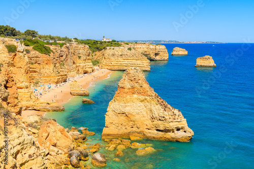 Marinha beach and cliffs on coast of Portugal near Carvoeiro town