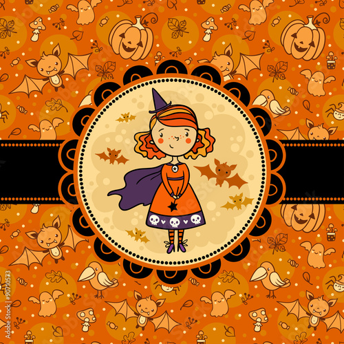 Halloween vector card with funny witch.