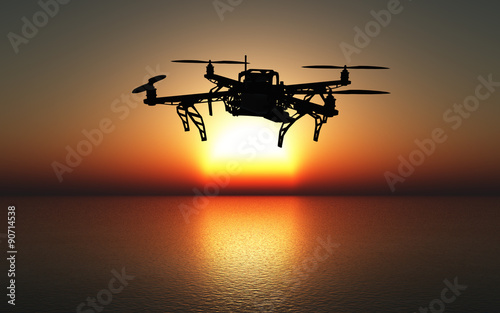 3D drone flying above a sunset sea
