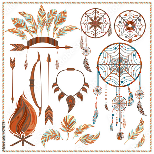 Set isolated ethnic elements arrows, feathers, beads, onions