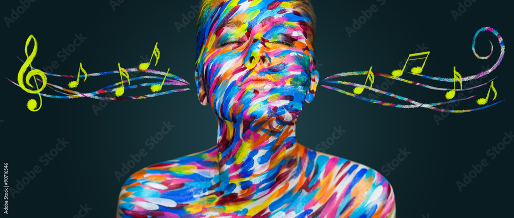 Beautiful girl with art colorful make-up and notes - obrazy, fototapety, plakaty 