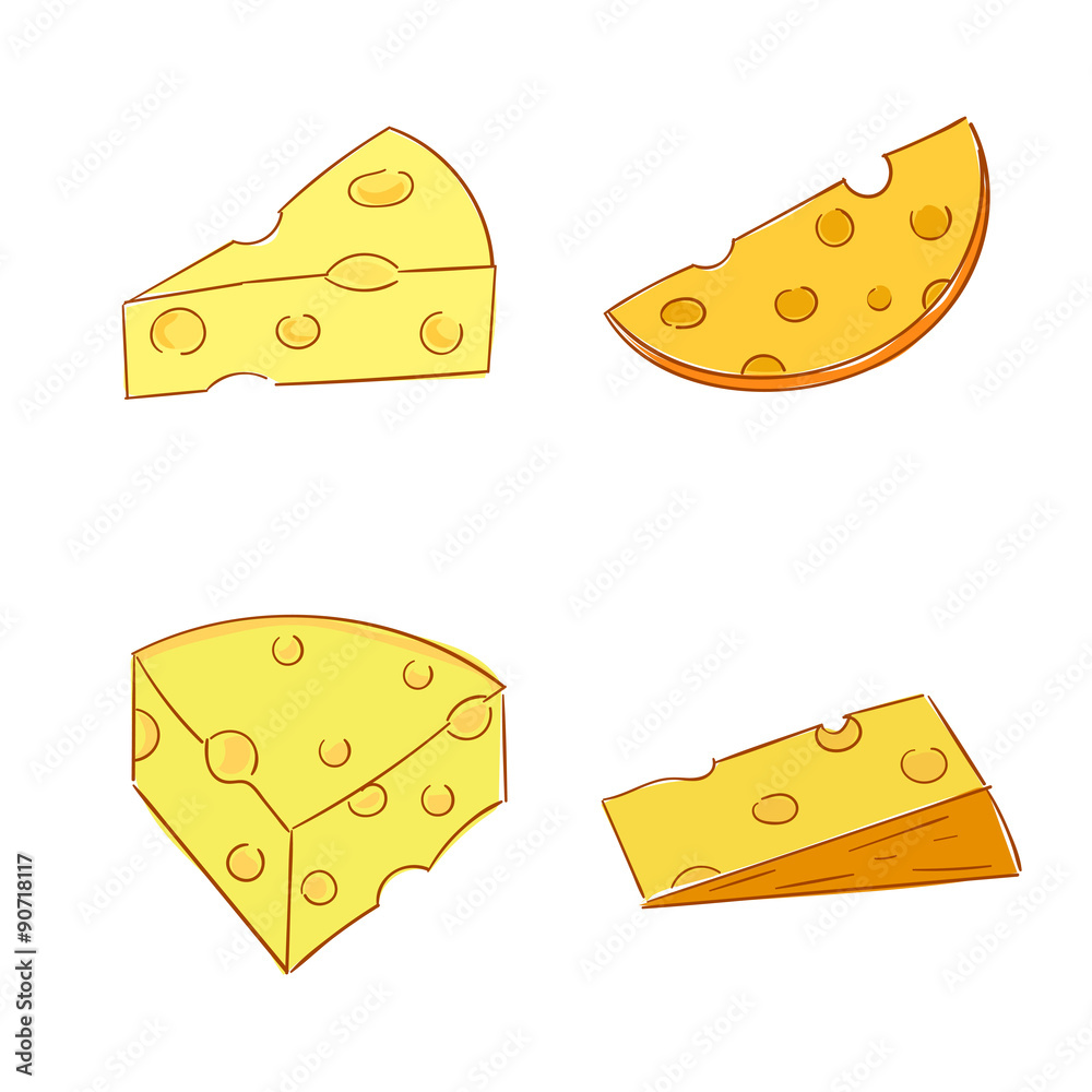 Piece of cheese. Collection of doodle images. Hand drawn vector illustration.