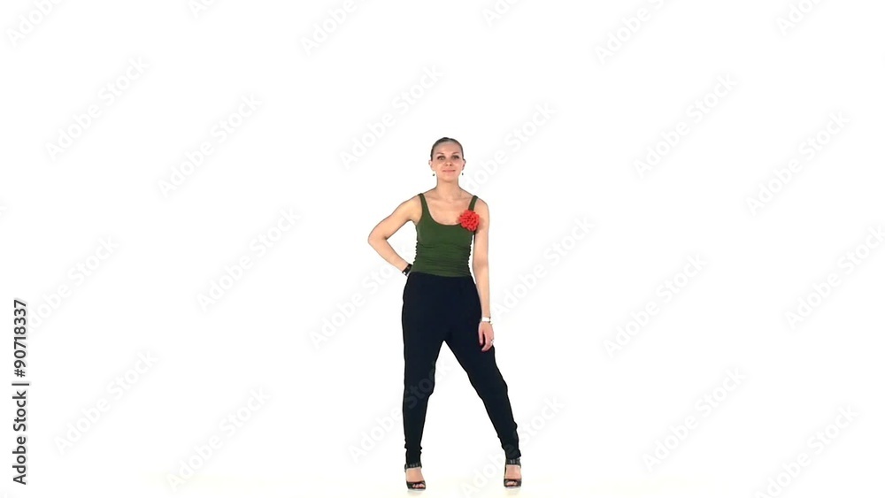 Young social latin dancer continue moving dancing, on white Young social latin dancer continue moving dancing, on white