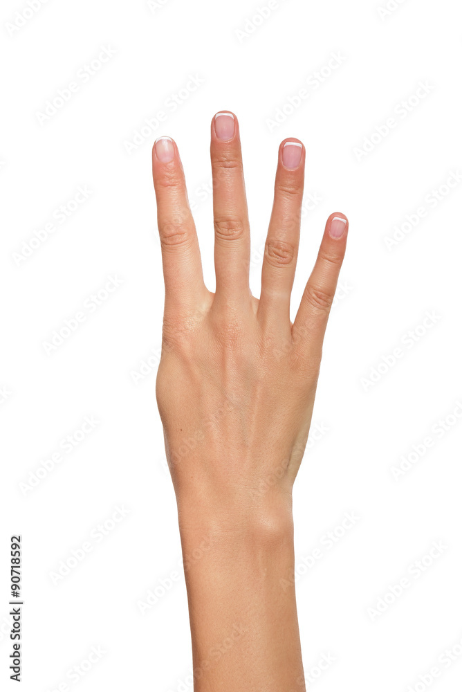Female hand showing four count. Female hand showing four count.
