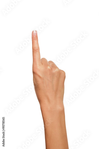 Woman hand pointing up with index finger 