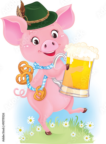 Cute dancing piglet is holding beer glass and pretzels