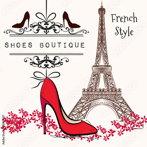 Cute illustration shoes boutique red shoe hang on a banner, Eiff